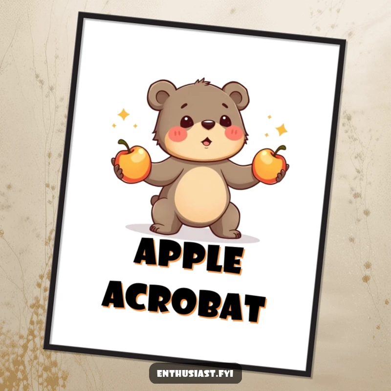 Funny bear cub digital art print, showing a determined cub enthusiastically juggling shiny apples. Humorous and downloadable gift.