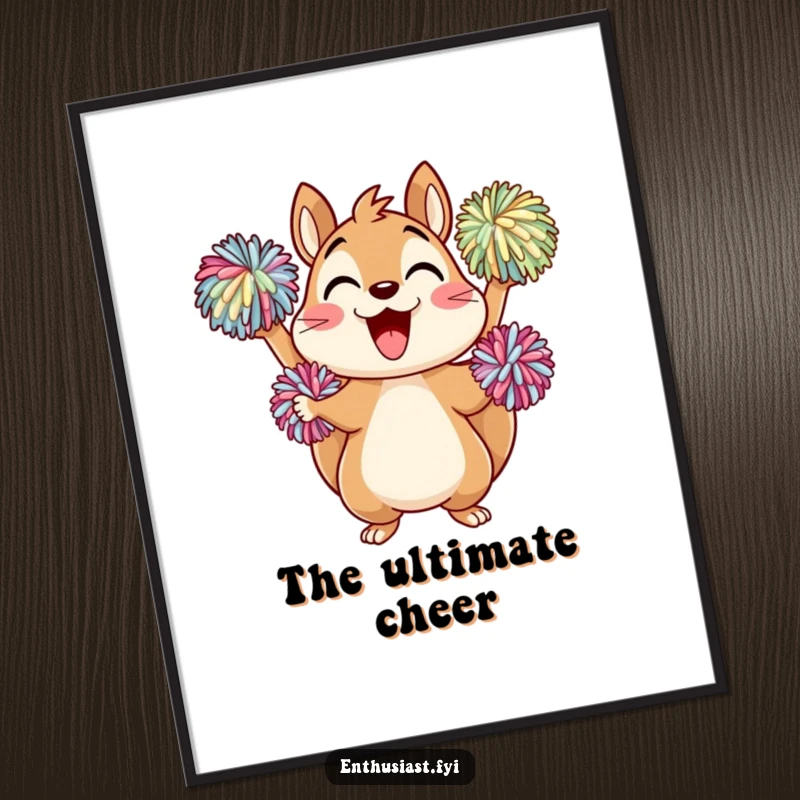 Funny Digital Art Print: A delighted squirrel character cheering vibrantly with pom-poms, embodying energetic support and team spirit.