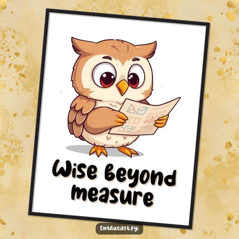 Funny Digital Art Print of an eager owl character studying a complex diagram with wide eyes, a humorous and intelligent piece.