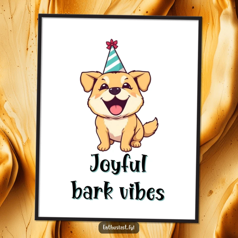 Funny digital art print of an excited dog wearing a party hat, joyfully barking, perfect for framing festive humor.