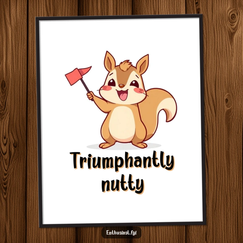 Funny digital art print of an excited squirrel enthusiastically waving a small flag, creating a cheerful and spirited atmosphere.