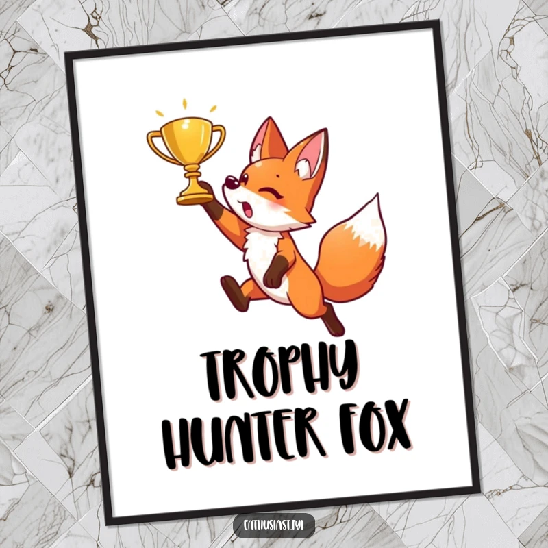 Funny digital art print of an energetic fox character in a jubilant leap, reaching for a gleaming golden trophy. Motivational artwork.