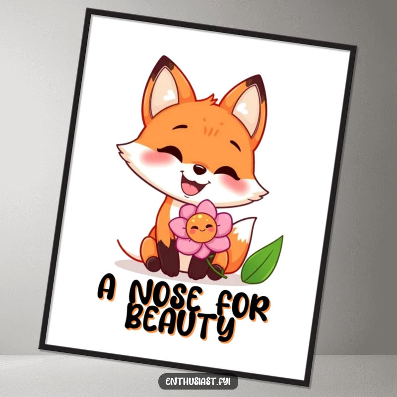 Funny digital art print of a joyful fox with a big grin, enthusiastically sniffing a vibrant flower, perfect for instant cheerful decor.
