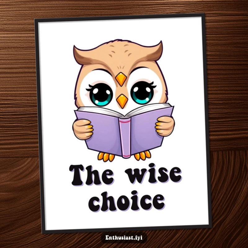 Funny owl digital art print of a happy owl engrossed in reading, radiating wisdom and charm.