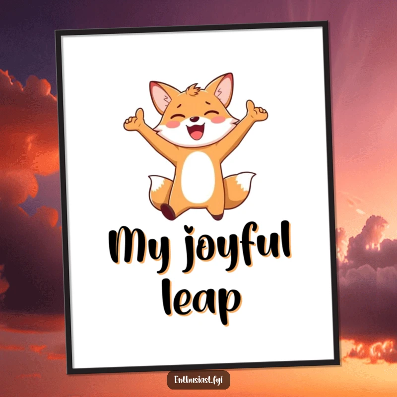 Funny Digital Art Print: An enthusiastic fox character jumping for joy with arms outstretched, symbolizing pure happiness and exuberant celebration.