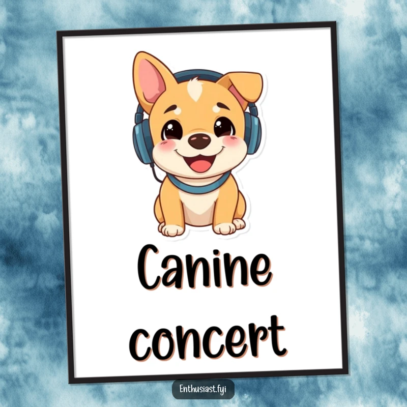 Funny digital art print of a happy dog wearing headphones and intently listening to music, radiating joy and good vibes.