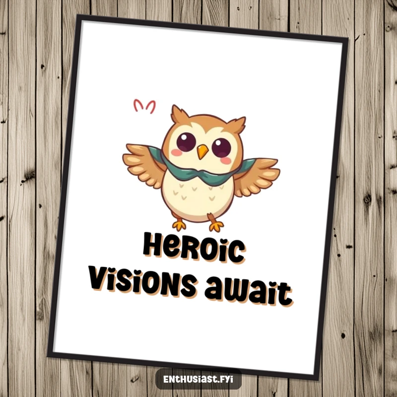 Funny owl digital art print of a triumphant owl in a cape flying with great enthusiasm, adding heroic flair.