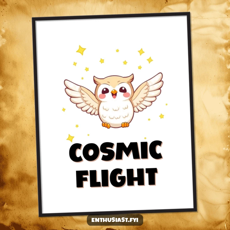 Funny digital art print of a joyful owl character soaring through a vibrant starry sky, embodying celestial wonder.