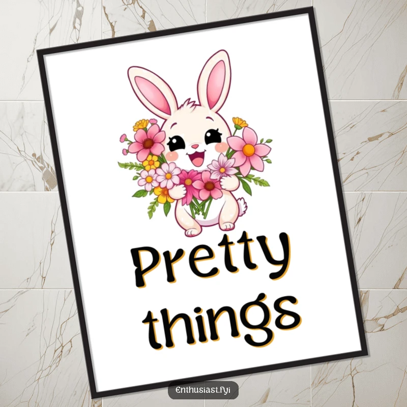 Funny digital art print of a delighted rabbit character holding a large, vibrant bouquet of flowers, radiating pure happiness and charm.
