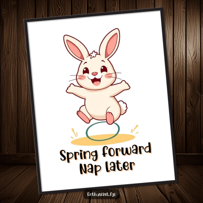 Funny rabbit digital art print of a smiling bunny bouncing exuberantly on a spring, radiating fun.