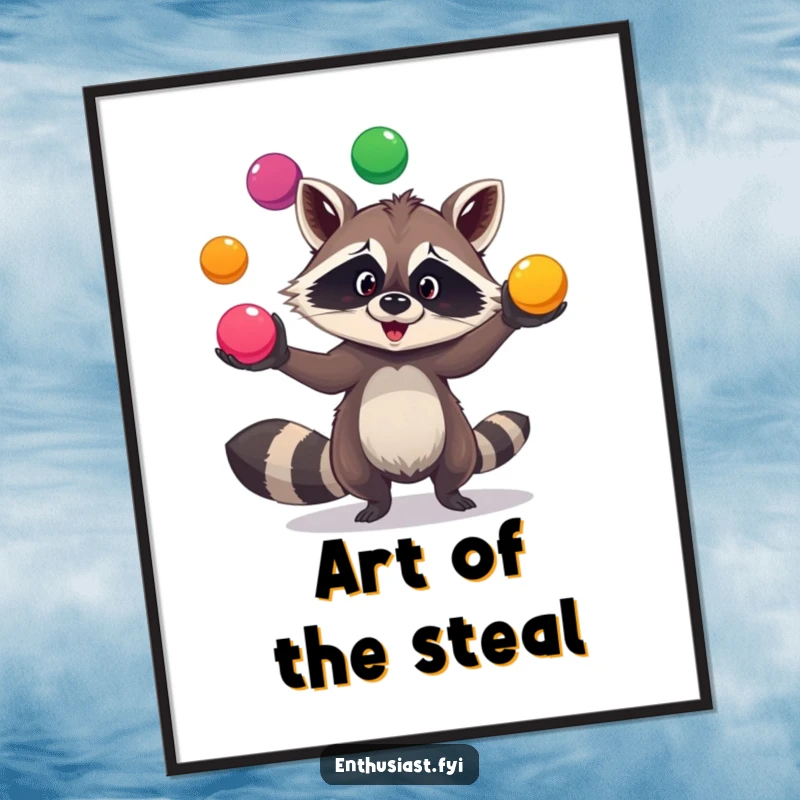 Funny raccoon juggling digital art print shows a goofy raccoon expertly juggling three colorful balls, adding playful energy.