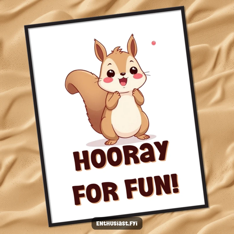 Funny squirrel cheering digital art print showing a cheerful squirrel enthusiastically cheering with pom-poms, perfect for instant decor and energy.