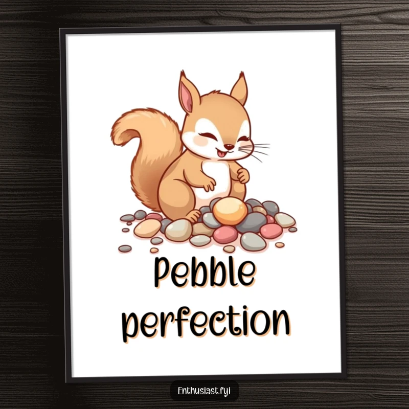 Funny squirrel digital art print, showing an enthusiastic squirrel gathering a hoard of shiny pebbles. Humorous and downloadable gift.