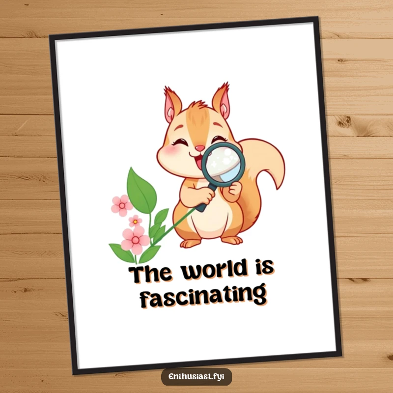 Funny squirrel digital art print of a squirrel using a magnifying glass to examine a flower, adding humor to any space.