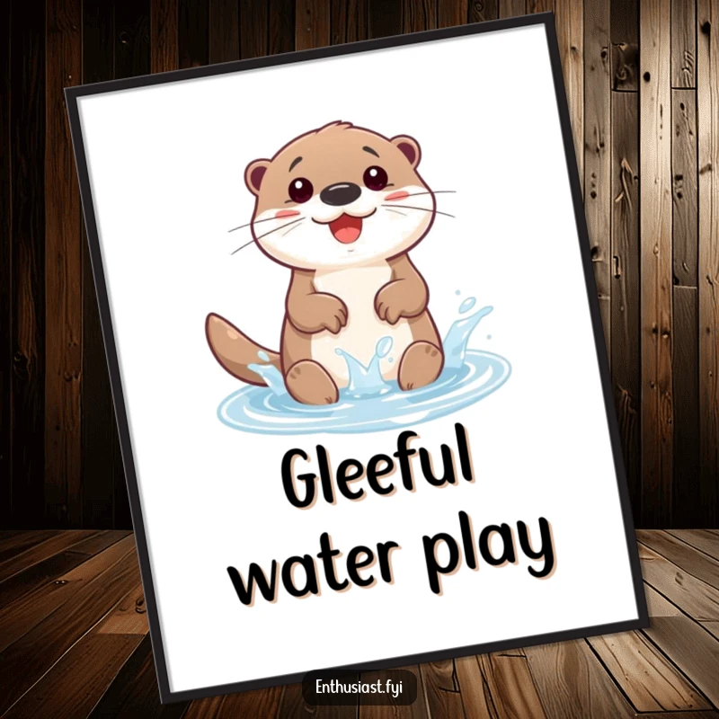 Funny digital art print of a happy otter character gleefully splashing in a tiny, sparkling puddle, radiating pure, unadulterated joy.