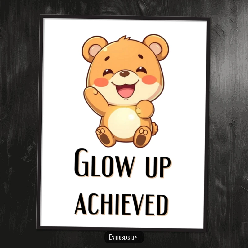 Funny bear digital art print of a joyful bear with a wide grin, holding up a glowing, imaginary object, exuding happiness.