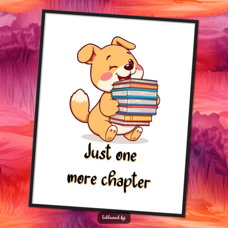 Funny dog digital art print of a joyful dog with wagging tail, excitedly holding a large pile of books.