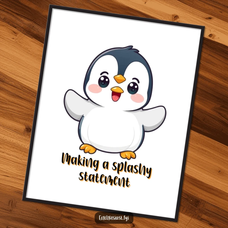 Funny penguin digital art print of a character waving hello, offering instant arctic-themed wall decor.