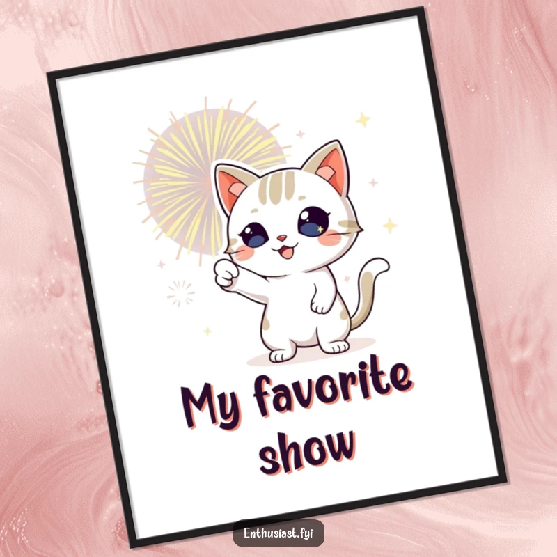 Funny cat digital art print of a playful cat with sparkling eyes, enthusiastically pointing at a bursting fireworks display.