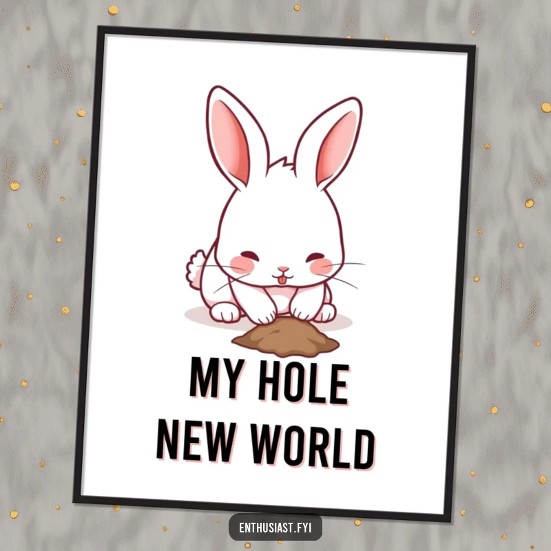 Funny rabbit digital art print of a playful bunny with twitching ears, enthusiastically digging a small hole, vibrant and industrious.