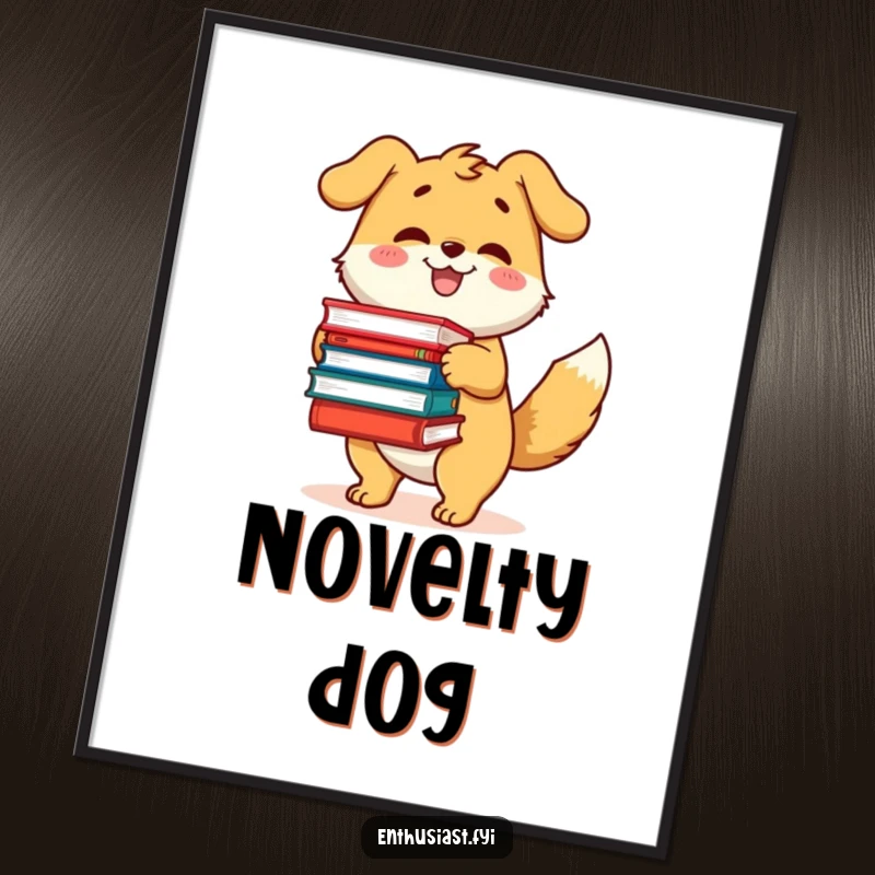 Funny digital art print of a happy dog character with a wagging tail, excitedly holding a large pile of books.