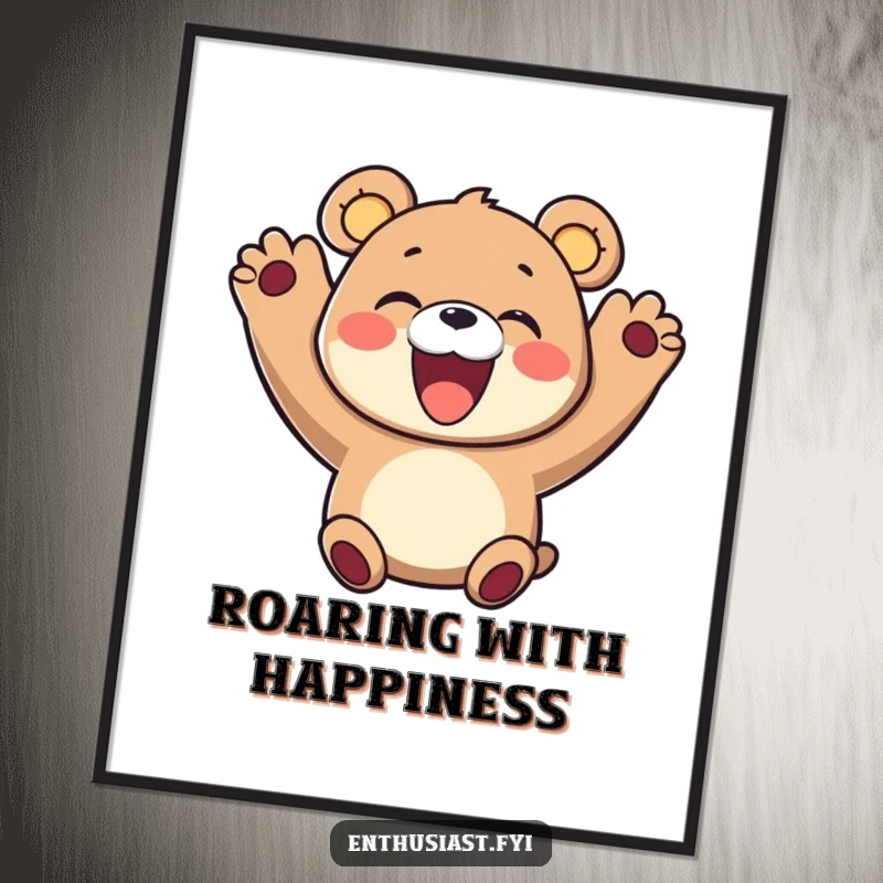 Funny digital art print of a delighted bear character cheering with paws raised and a wide smile, capturing pure, unrestrained joy.