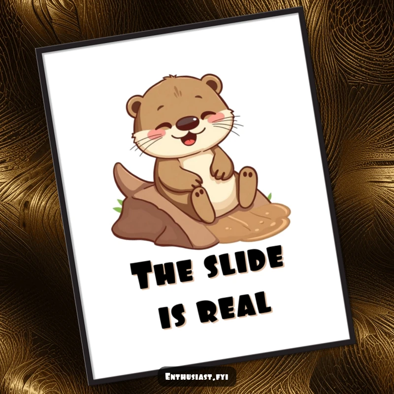 Funny digital art print of a playful otter joyfully sliding down a small, muddy incline, for instant cheerful decor.