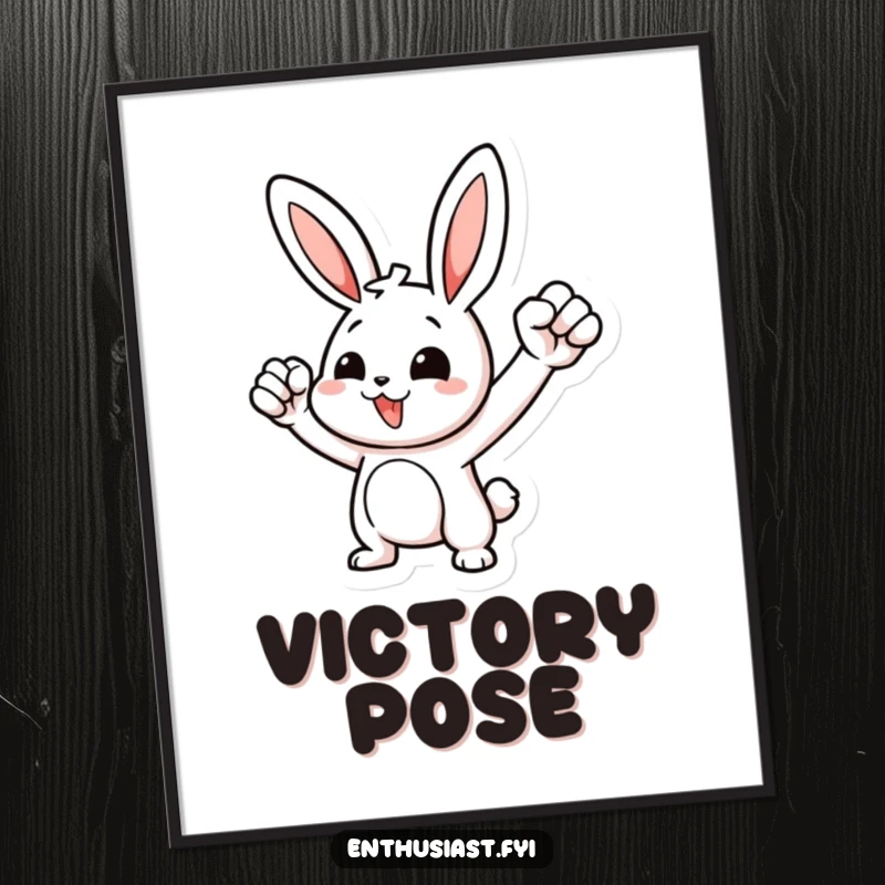 Funny digital art print of a rabbit character vigorously pumping its fist, symbolizing motivation and instant success joy.