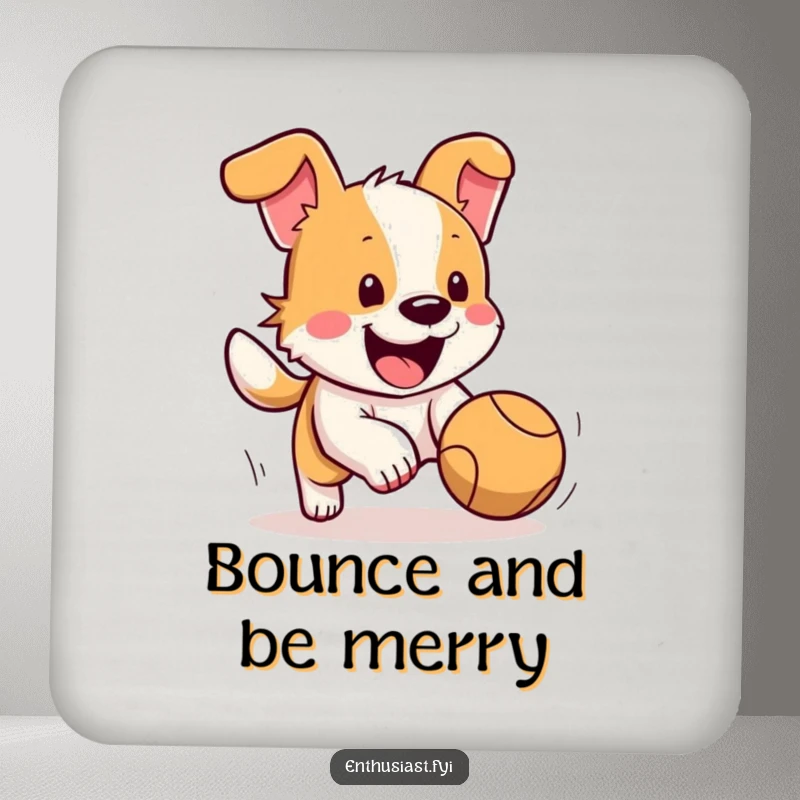 Funny dog coaster featuring a happy dog with its tail wagging furiously, excitedly chasing a bouncing ball, a fun surface protector.