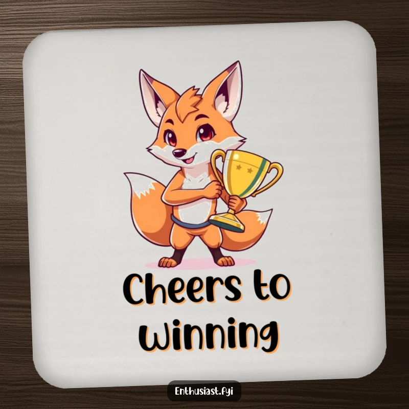 Funny drink coasters featuring a proud fox character striking a pose with a shiny trophy, protecting surfaces with humorous, victorious flair.