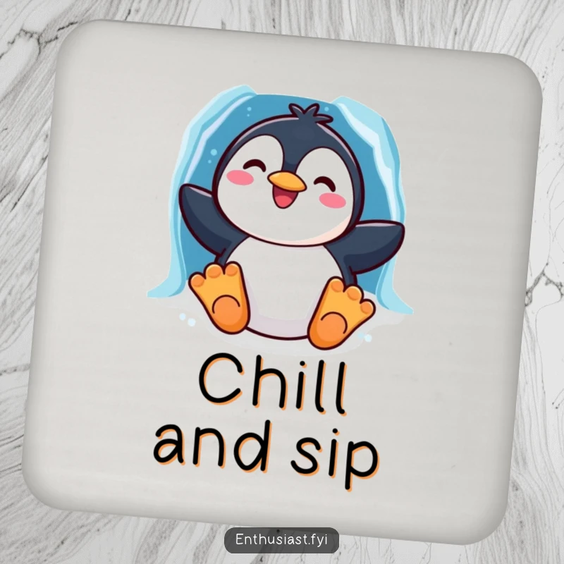 Funny drink coaster with a cheerful penguin character sliding down a rainbow ice chute, adding humorous table protection.
