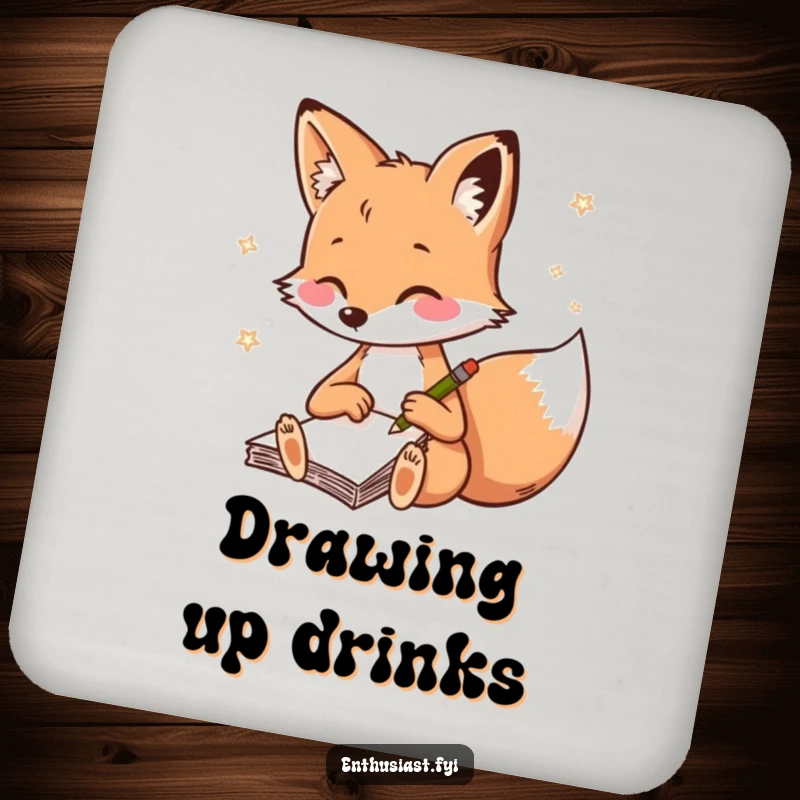 Funny fox drink coaster, depicting a playful fox rapidly sketching in a notebook, a protective and artistic accessory.