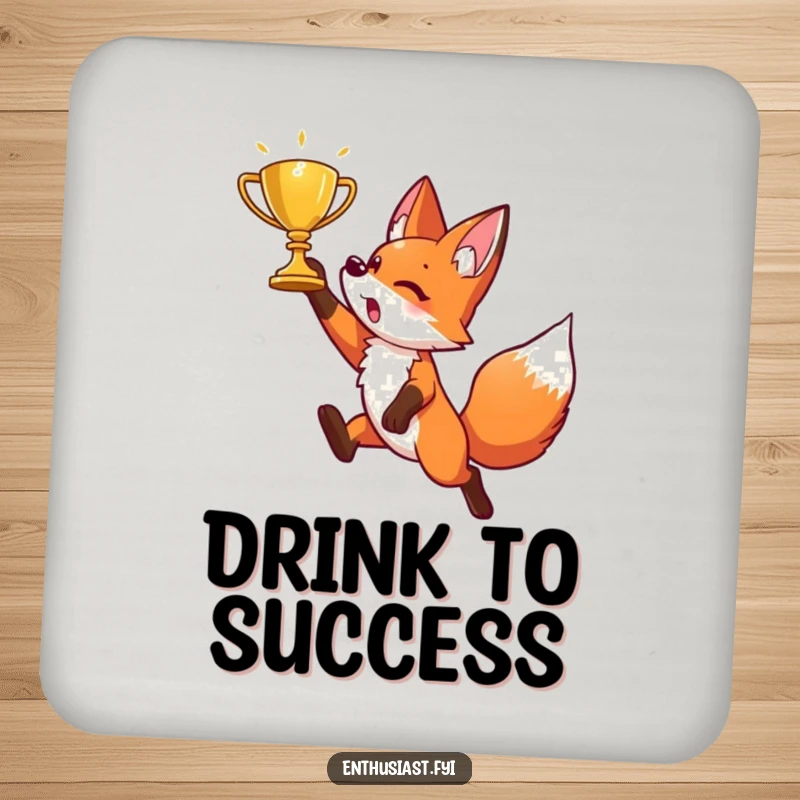 Funny drink coaster depicting an energetic fox character leaping playfully for a shiny golden trophy. Perfect for winners.