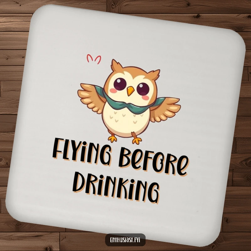 Funny owl drink coaster, depicting a triumphant owl in a cape flying with enthusiasm, a heroic surface protector.