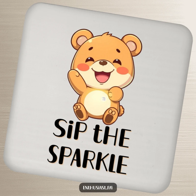 Funny bear drink coaster featuring a joyful bear with a wide grin, holding a glowing, imaginary object, offering playful surface protection.