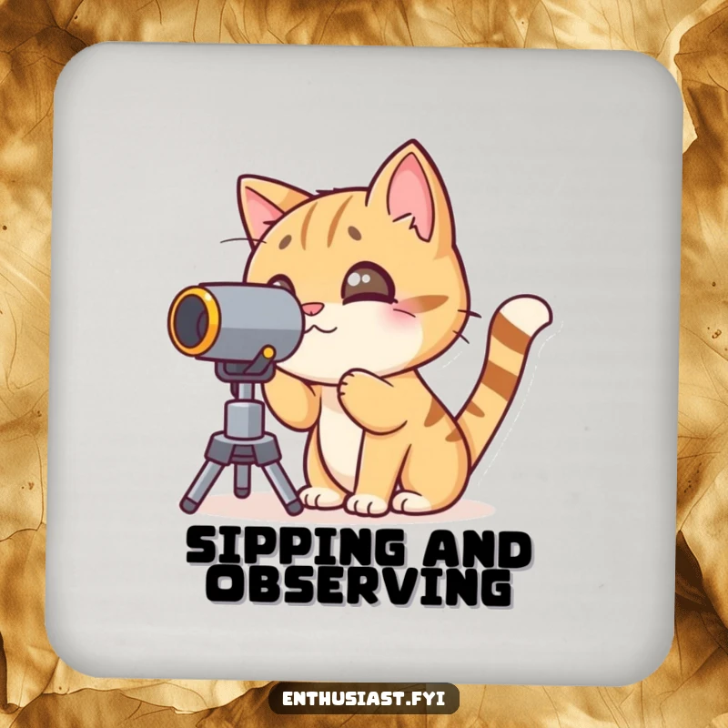 Funny cat drink coasters showcasing a character peering through a telescope, adding cosmic humor to tabletops.