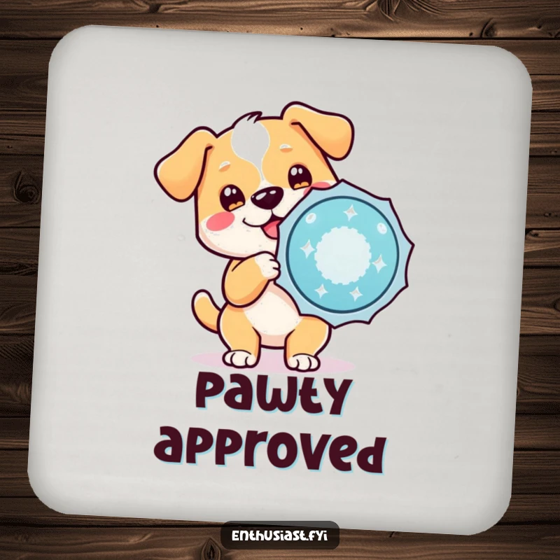 Funny drink coaster with a cute dog character holding a sparkling badge, adding humorous table protection.