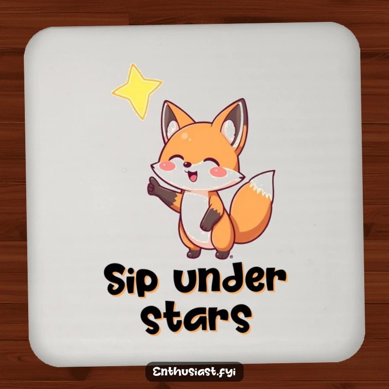 Funny Fox Coaster: A happy fox enthusiastically points to a star, protecting surfaces with celestial charm, an adorable funny gift.