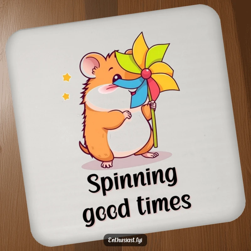 Funny hamster pinwheel drink coaster features an energetic hamster spinning a pinwheel, protecting surfaces with cute, playful energy.
