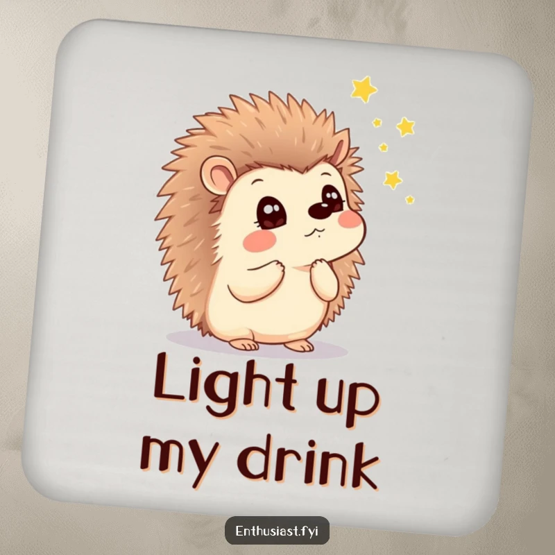 Funny drink coaster featuring a thoughtful hedgehog with a look of wonder, watching enchanting fireflies, protecting surfaces.