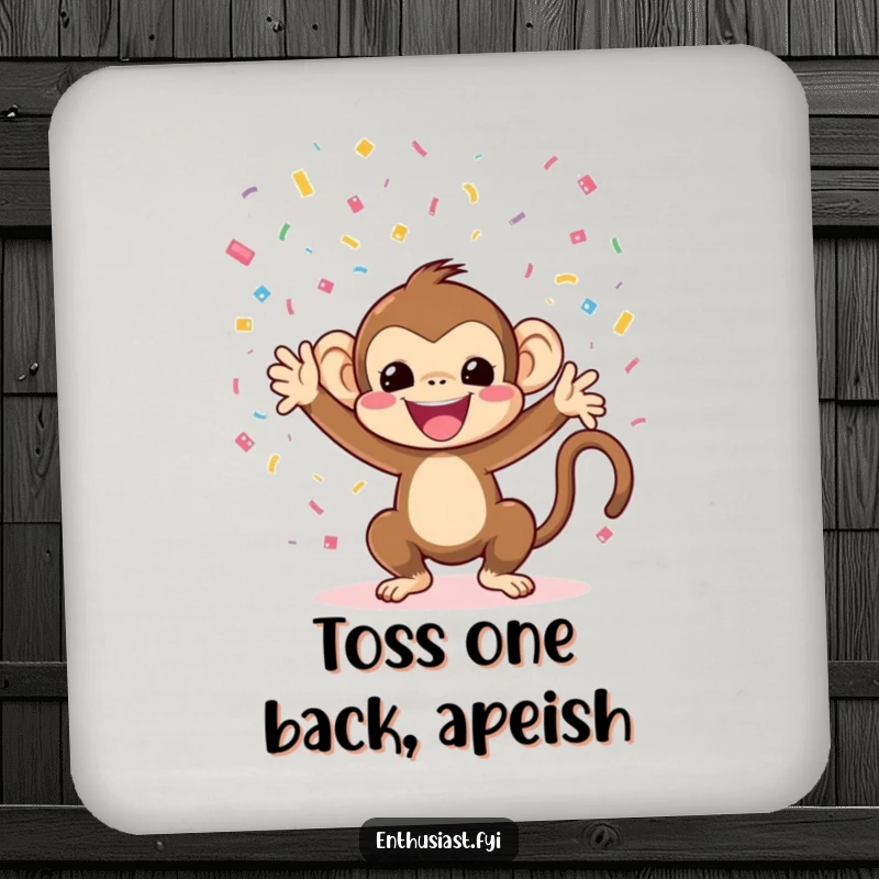 Funny monkey drink coasters showcasing a character throwing confetti, adding party humor to tabletops.