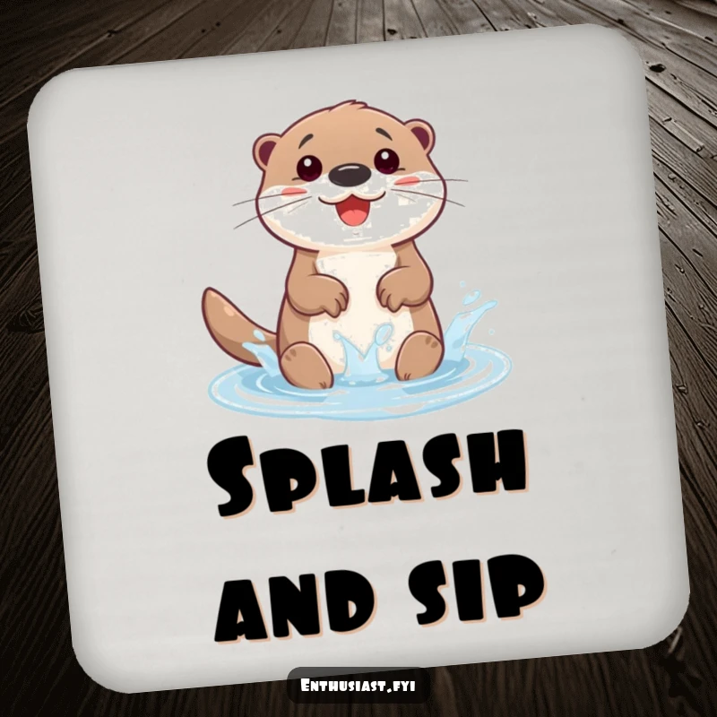 Funny drink coaster featuring a happy otter character splashing gleefully in a small, sparkling puddle. Adds charm.