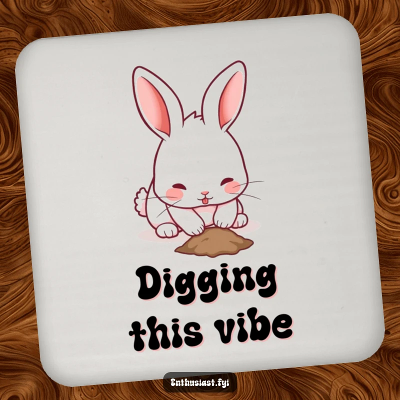 Funny rabbit coaster featuring a playful bunny with twitching ears, enthusiastically digging a small hole, a fun surface protector.