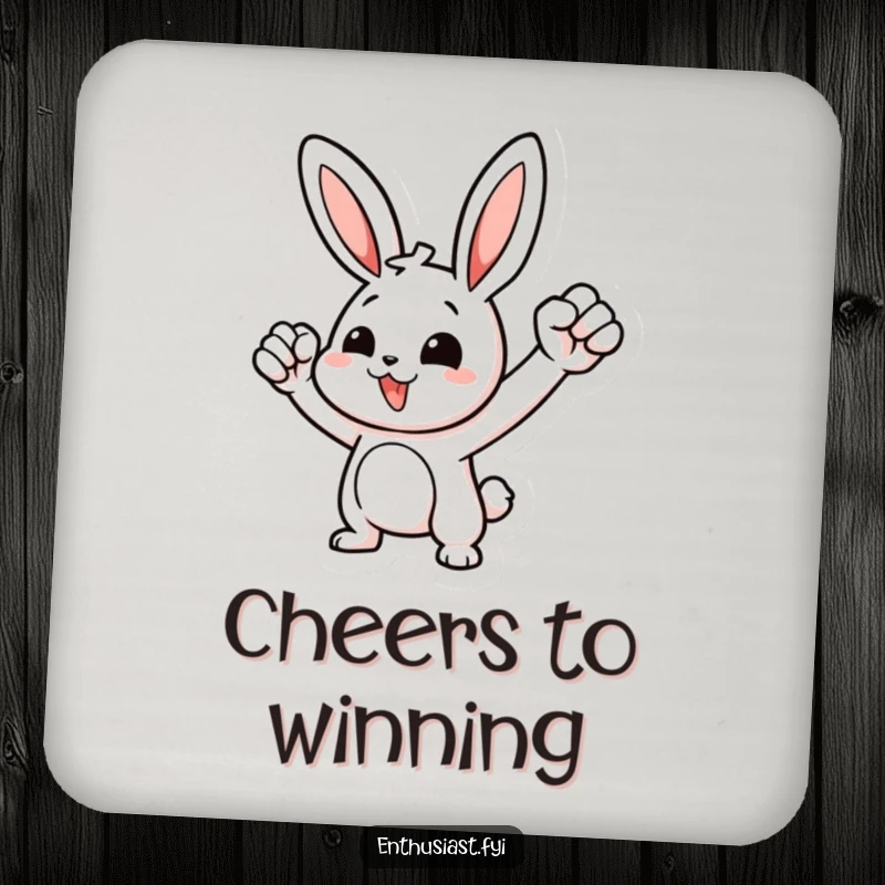 Funny coasters showing a motivated rabbit character pumping its fist, adding a humorous touch to drink service.