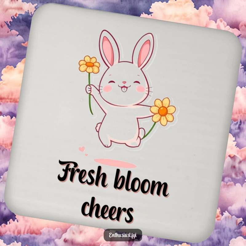 Funny rabbit character jumping ecstatically towards a flower, a charming and humorous drink coaster for home bars.