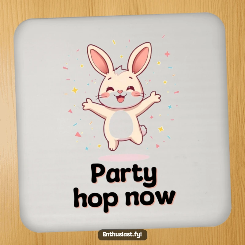 Funny drink coaster with a playful rabbit character jumping joyfully, surrounded by sparkling confetti, adding a cheerful touch.