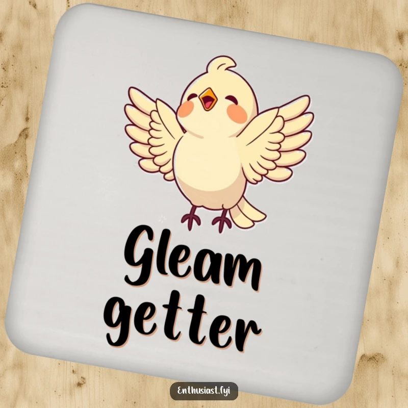 Funny bird coaster showing a delighted bird swooping towards a shiny object, adding humorous protection to tabletops.