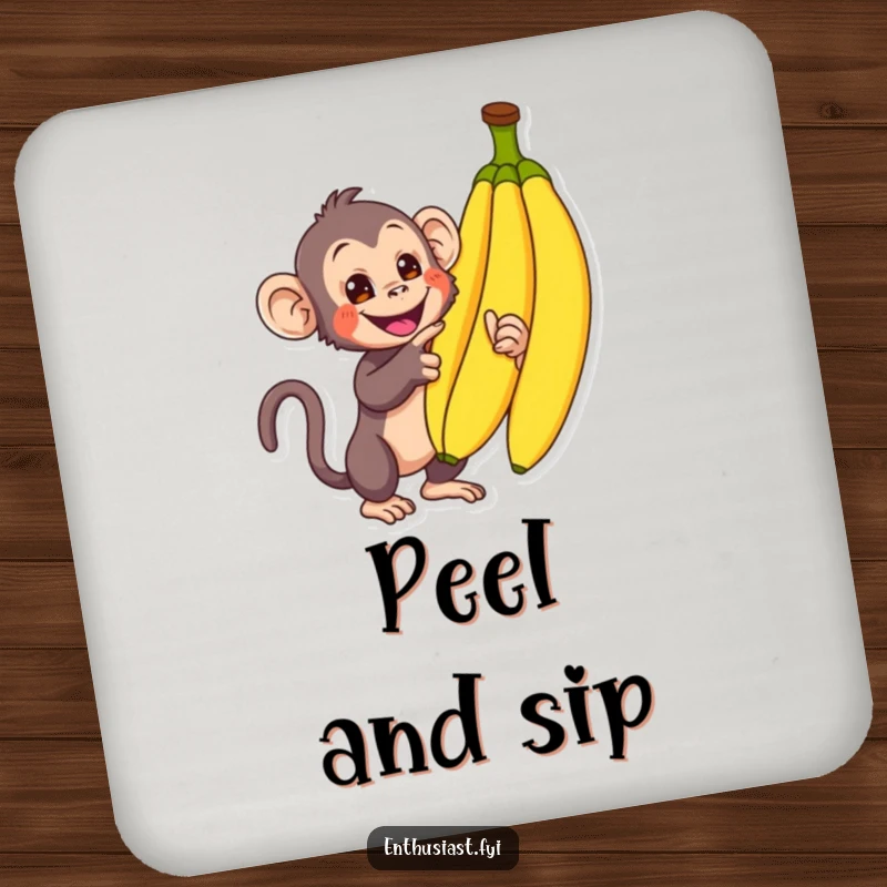 Funny Monkey Coaster: A curious monkey enthusiastically points at bananas, protecting surfaces with jungle charm, an adorable funny gift.