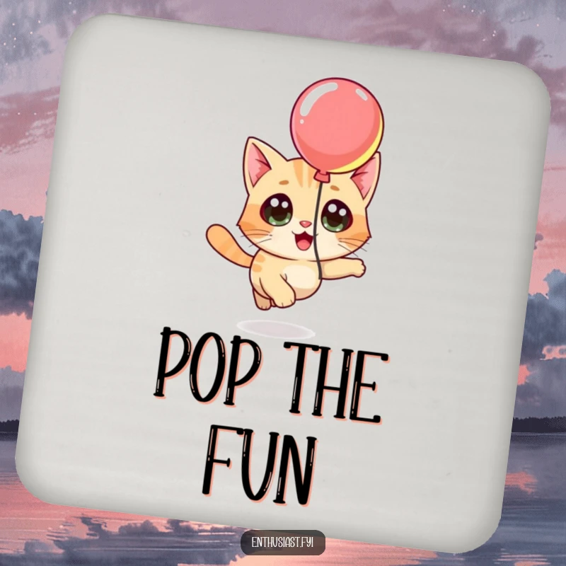 Funny drink coaster with a curious cat character chasing a floating balloon, adding playful table protection.
