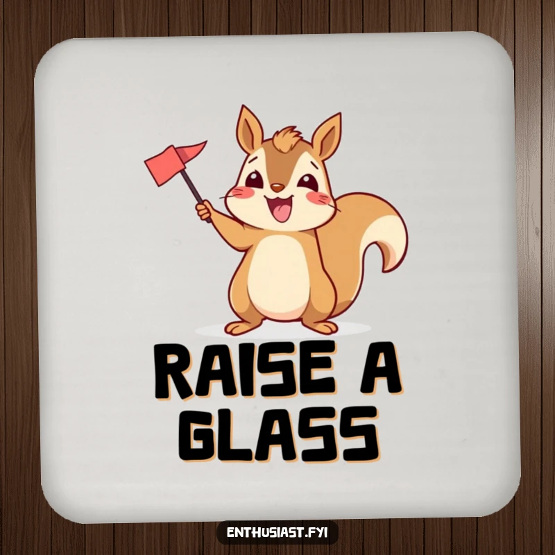 Funny drink coasters featuring an excited squirrel enthusiastically waving a small flag, adding cheerful protection.